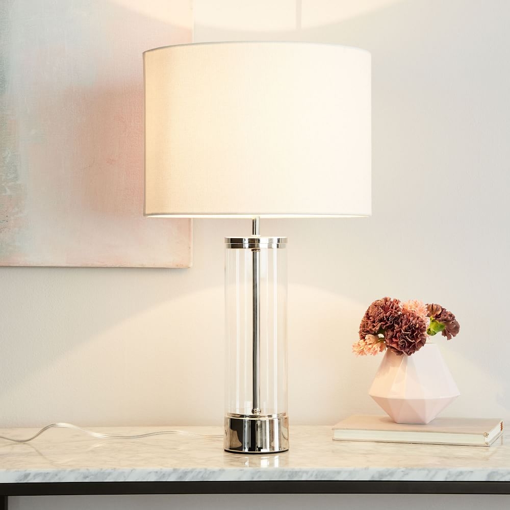 Acrylic Column Table Lamp Polished Nickel White Linen (25") - Image 0