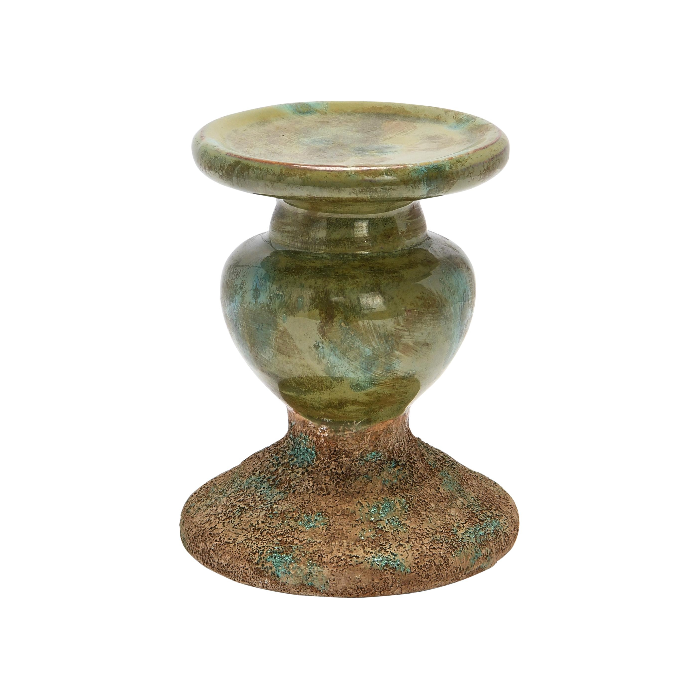 2-Tone Sculptural Terracotta Pillar Candle Holder, Distressed Green - Image 0