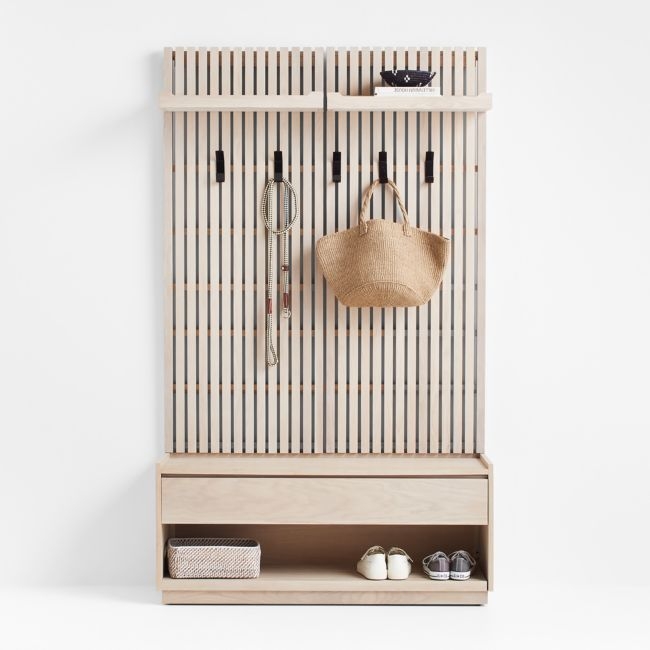 Batten White Oak Storage Bench and Panel Set with Flat Shelf and Coat Rack - Image 0