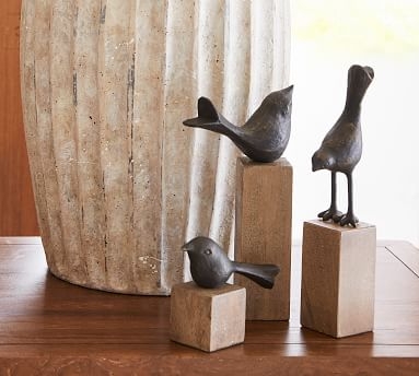 Decorative Bird on Wooden Stand, Bronze - Medium - Image 1