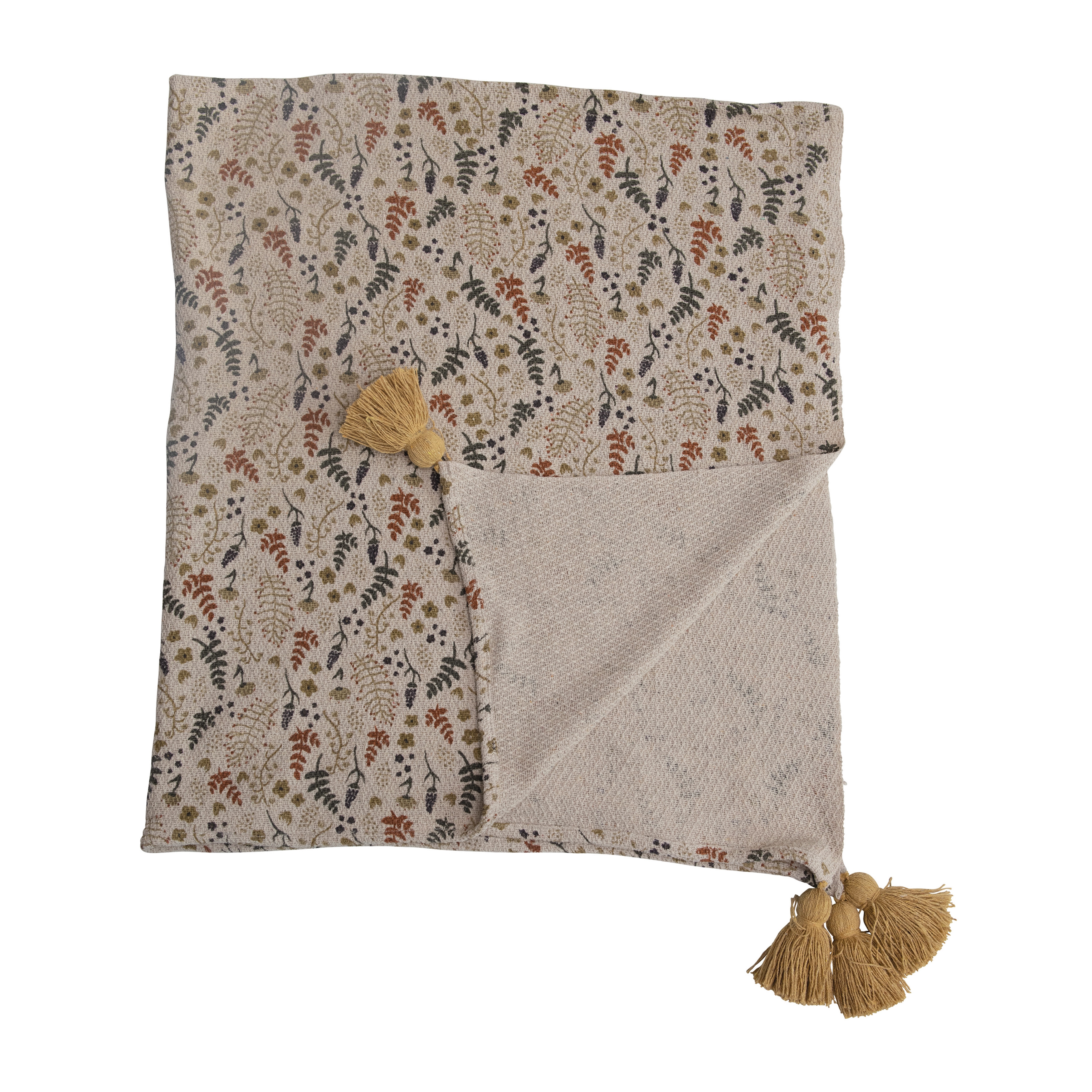 Woven Recycled Cotton Blend Printed Throw Blanket with Neutral Floral Pattern and Tassels - Image 0