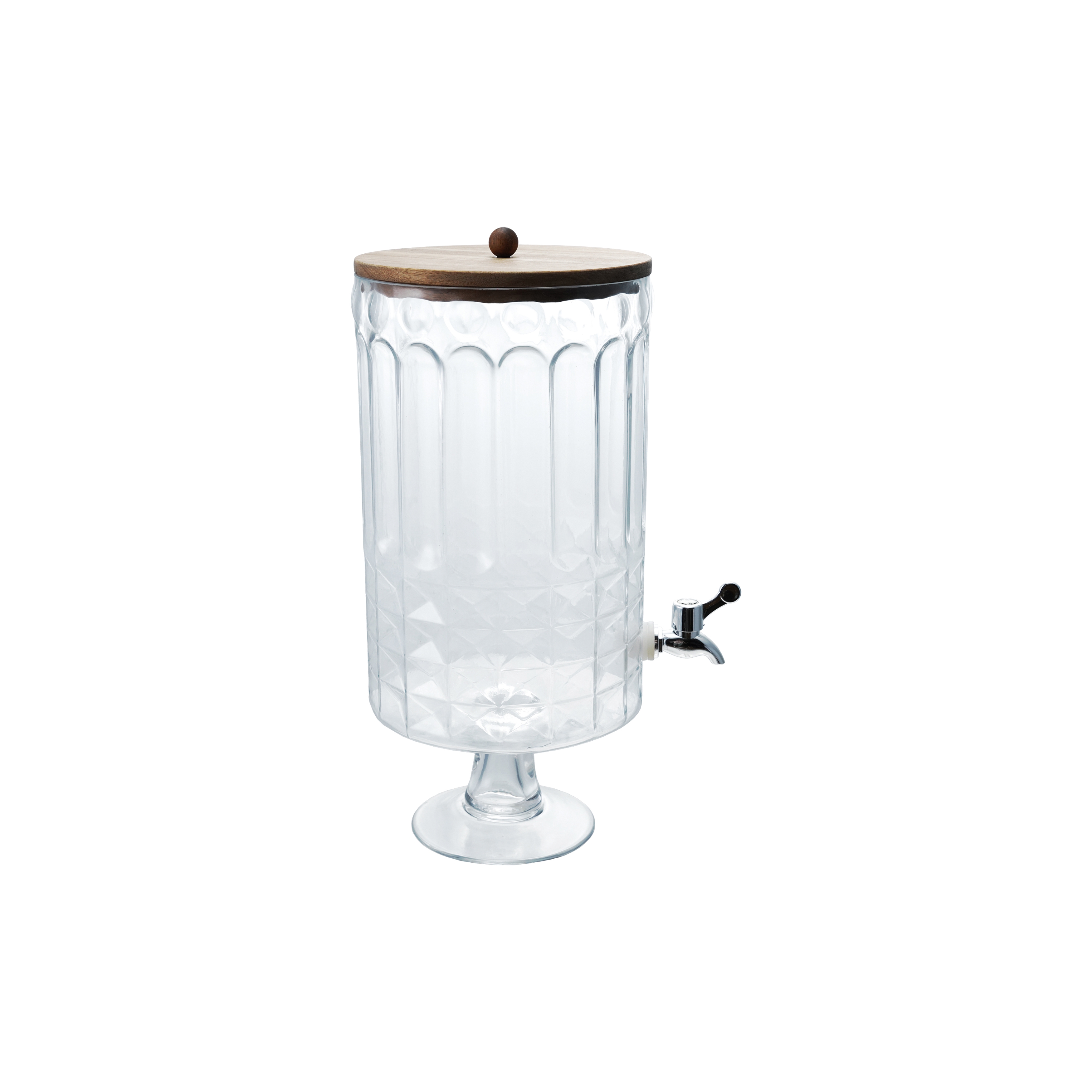 8-Quart Cut Glass Beverage Dispenser with Plastic Spout and Acacia Wood Lid, Silver Color and Natural - Image 0