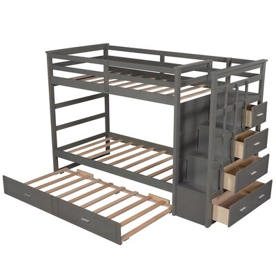 Solid Wood Twin Over Twin Bunk Bed With Trundle And Staircase, Gray - Image 0