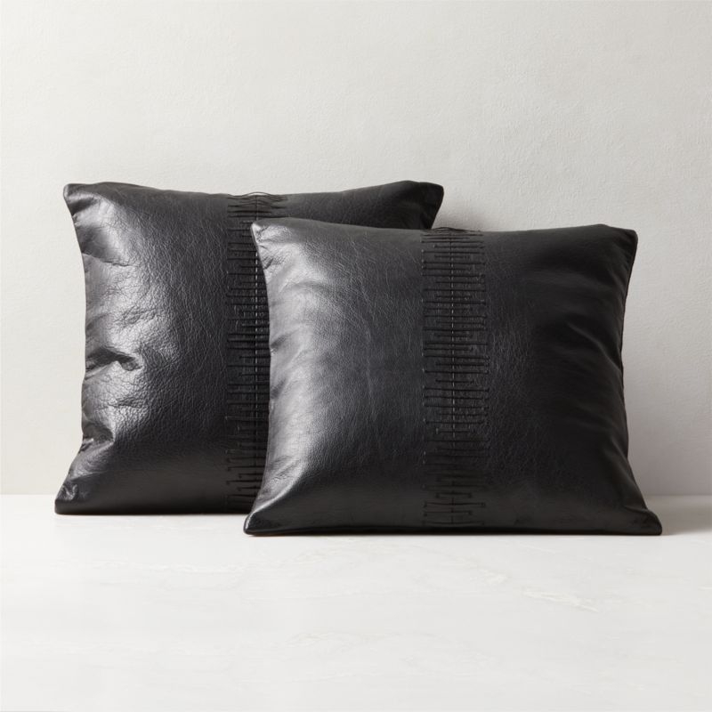 Tack Black Leather Throw Pillow with Down-Alternative Insert 18" - Image 1