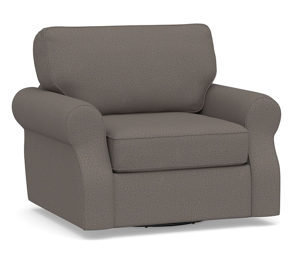 SoMa Fremont Roll Arm Upholstered Swivel Armchair, Polyester Wrapped Cushions, Performance Heathered Tweed Graphite - Image 0