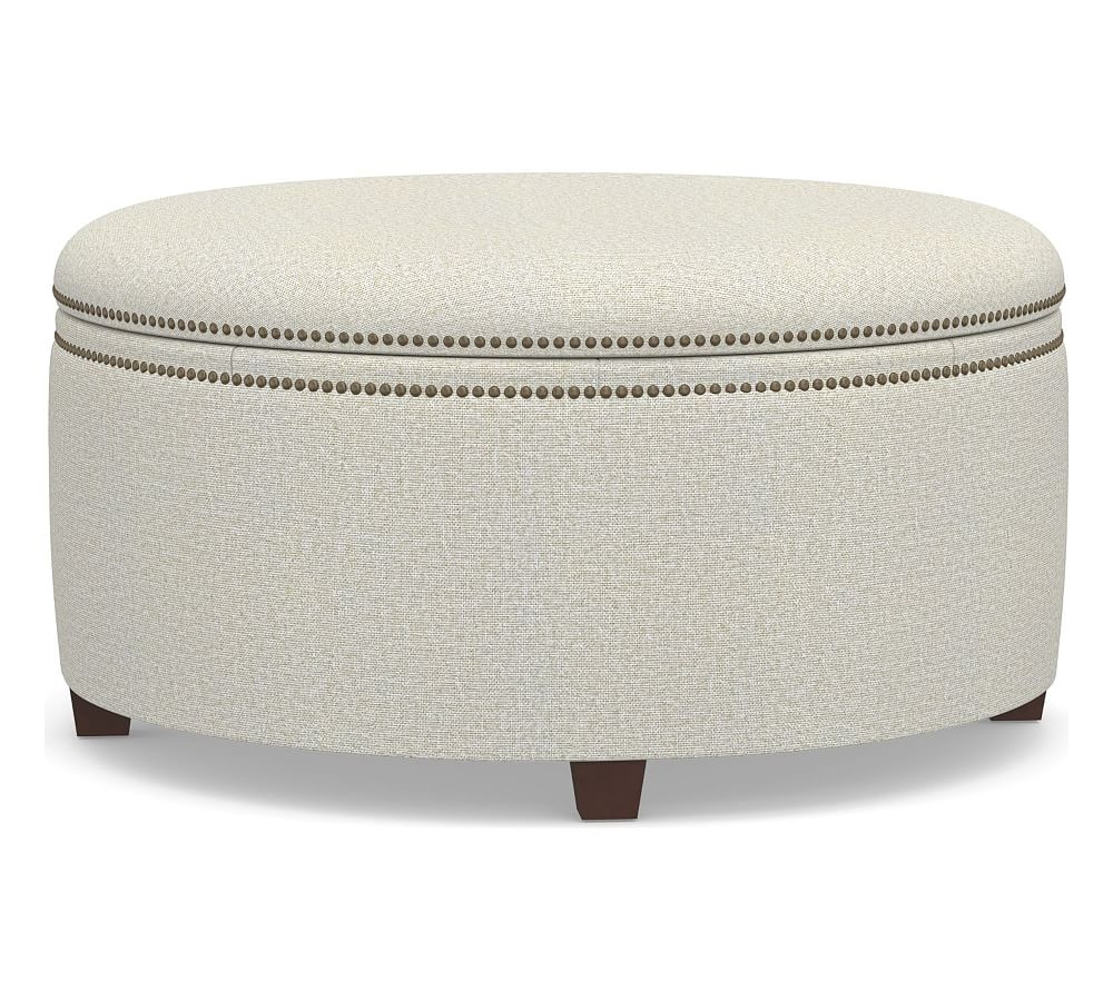 Tamsen Upholstered Round Storage Ottoman, Espresso Legs, Performance Heathered Basketweave Dove - Image 0