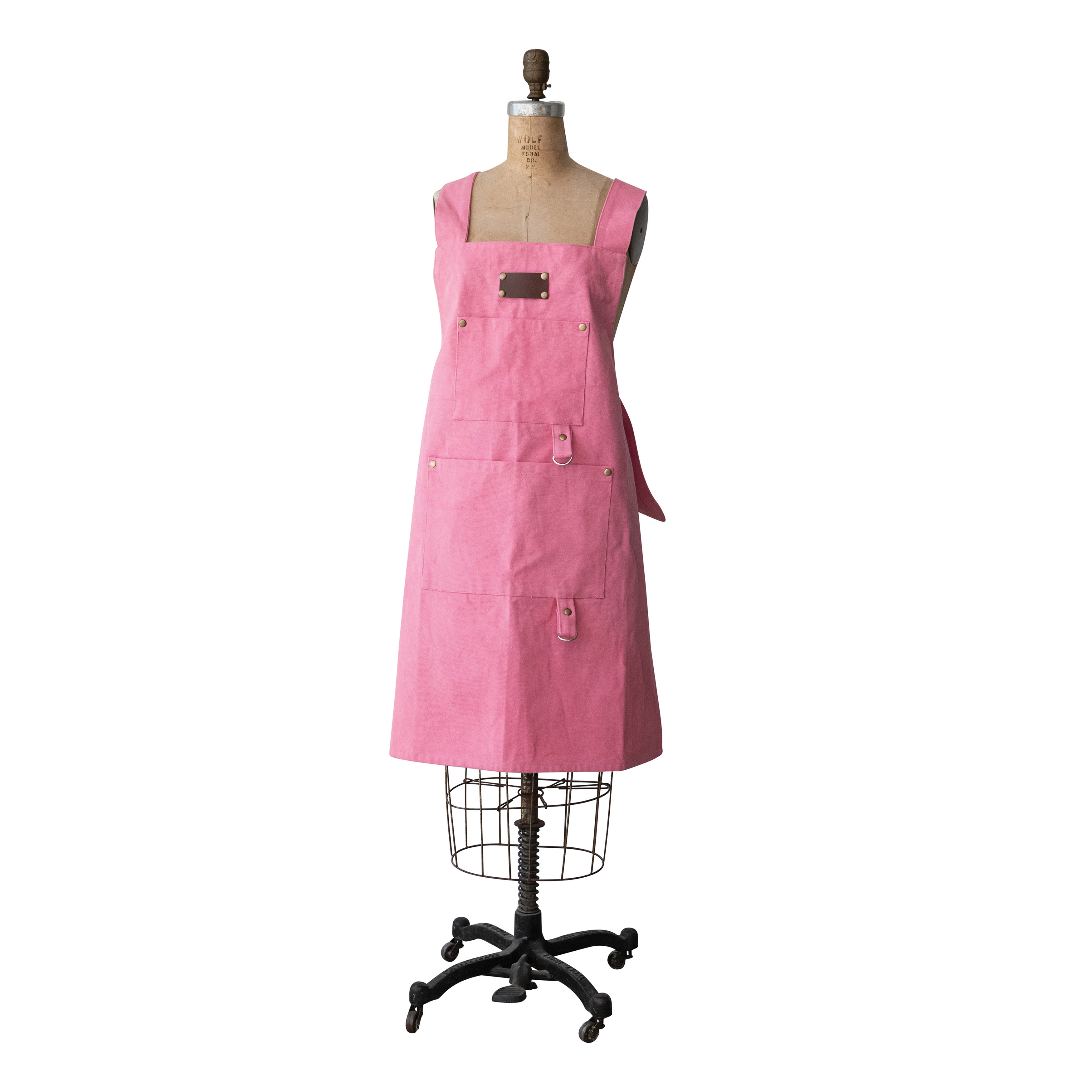 Cotton Canvas Cross Back Apron with 2 Pockets and Rivets, Pink - Image 0