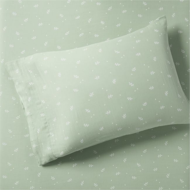 Supersoft Muted Teal Leaf Print Organic Cotton Gauze Kids Pillowcase - Image 0