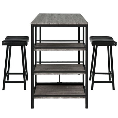 3 Pcs Counter Height Dining Bar Table Set With 2 Stools And 3 Storage Shelves-Black - Image 0