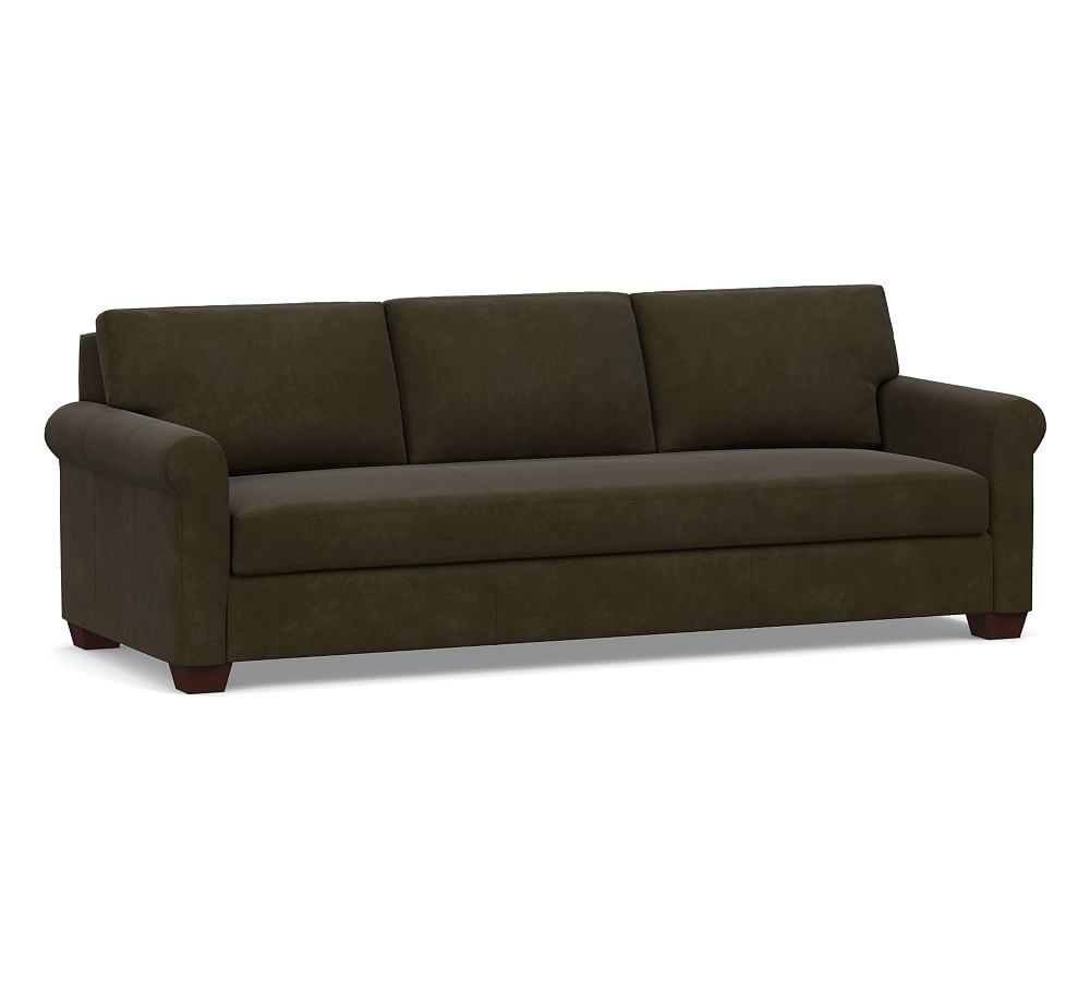 York Roll Arm Leather Grand Sofa 98" with Bench Cushion, Polyester Wrapped Cushions, Aviator Blackwood - Image 0