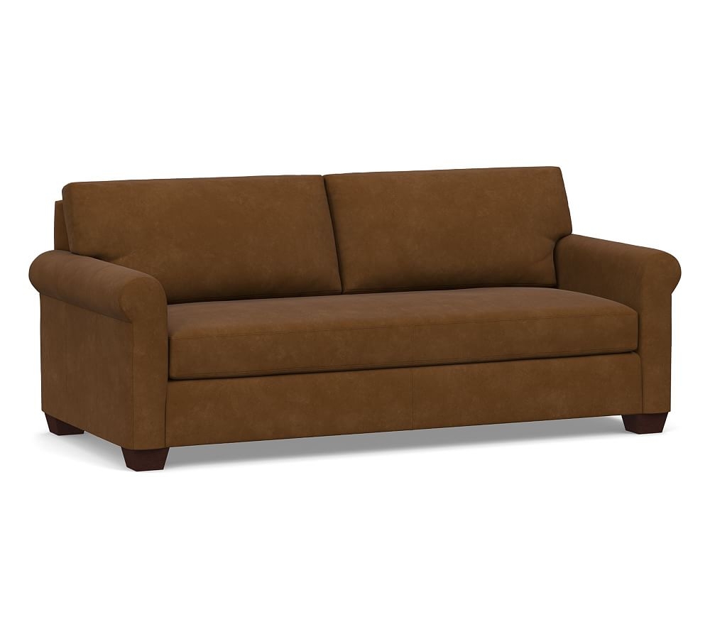 York Roll Arm Leather Sofa 83" with Bench Cushion, Polyester Wrapped Cushions, Aviator Umber - Image 0