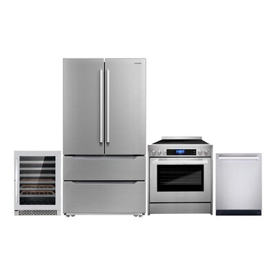 4 Piece Kitchen Package With 30" Freestanding Electric Range 24" Built-in Fully Integrated Dishwasher Energy Star French Door Refrigerator & 48 Bottle Freestanding Wine Refrigerator - Image 0