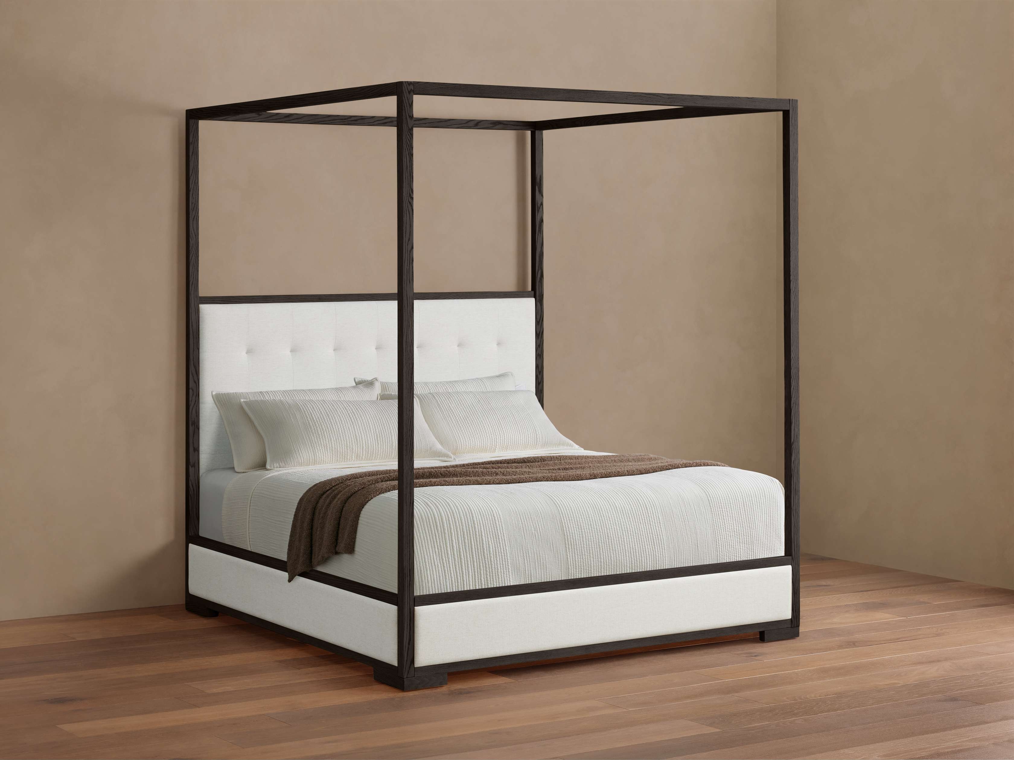 Darien Box-Tufted Canopy Bed in Upholstered 60" Cali King None  Nomad Snow/Ebony - Image 0