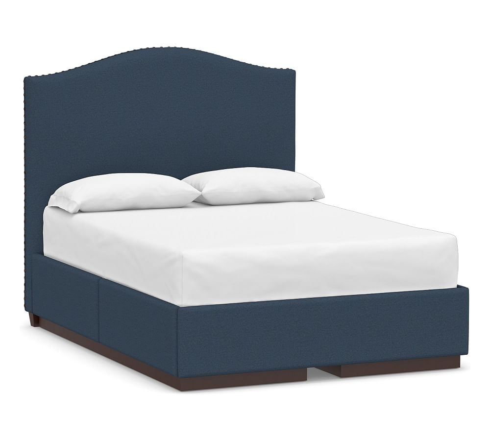 Raleigh Curved Upholstered Side Storage Platform Bed & Bronze Nailheads, Queen, Tall Headboard 55.5"h, Brushed Crossweave Navy - Image 0