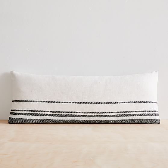 Cotton Silk Stripe Lumbar Pillow Cover, 14"x36", Stone White - Image 0