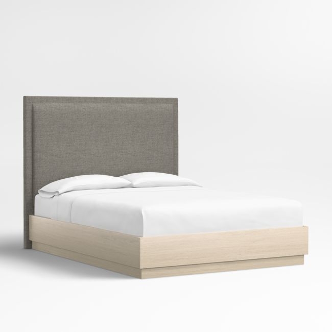Meraux 56" Dark Grey Upholstered Queen Headboard with Batten White Oak Bed Base - Image 0