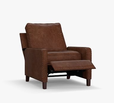 Tyler Curved Leather Recliner with Bronze Nailheads, Down Blend Wrapped Cushions, Burnished Bourbon - Image 3