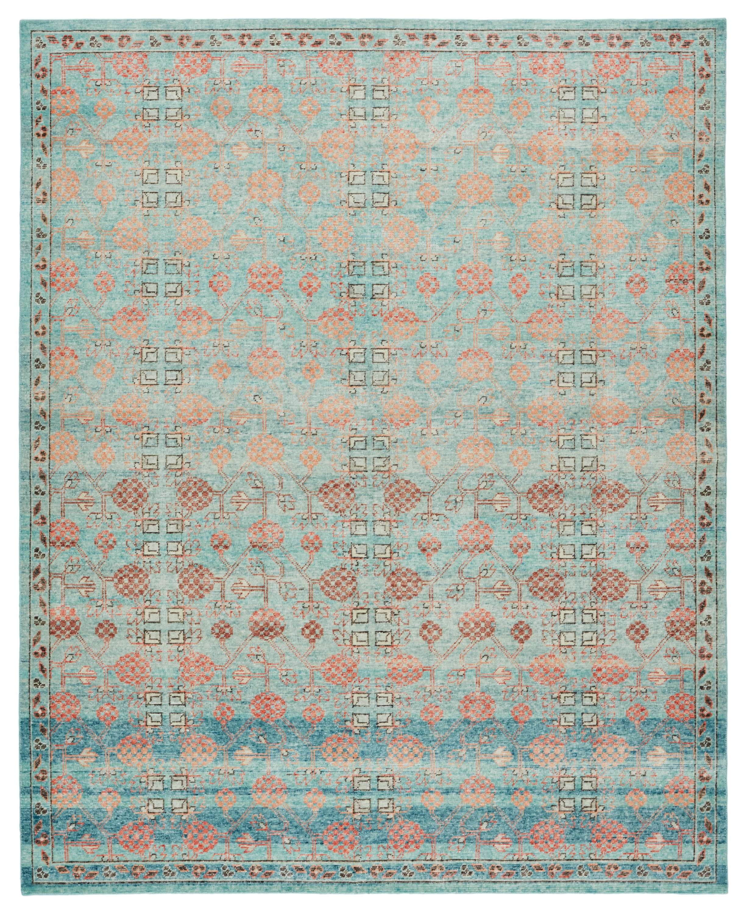 Anemone EDE08 Handknotted Trellis Blue and Peach Runner Rug (3'x10') - Image 0