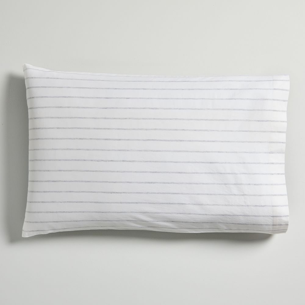 Organic Washed Cotton Melange Simple Stripe King Pillowcase, Light Heather Gray - Image 0