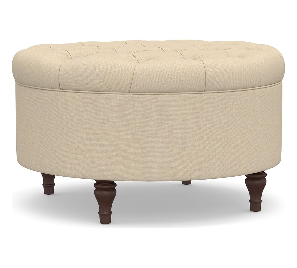 Lorraine Upholstered Tufted Round Storage Ottoman, Park Weave Oatmeal - Image 0