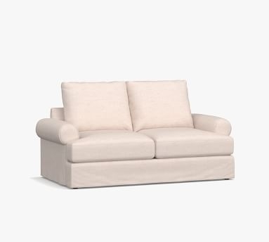 Canyon Roll Arm Slipcovered Loveseat 75", Down Blend Wrapped Cushions, Performance Heathered Basketweave Platinum - Image 1