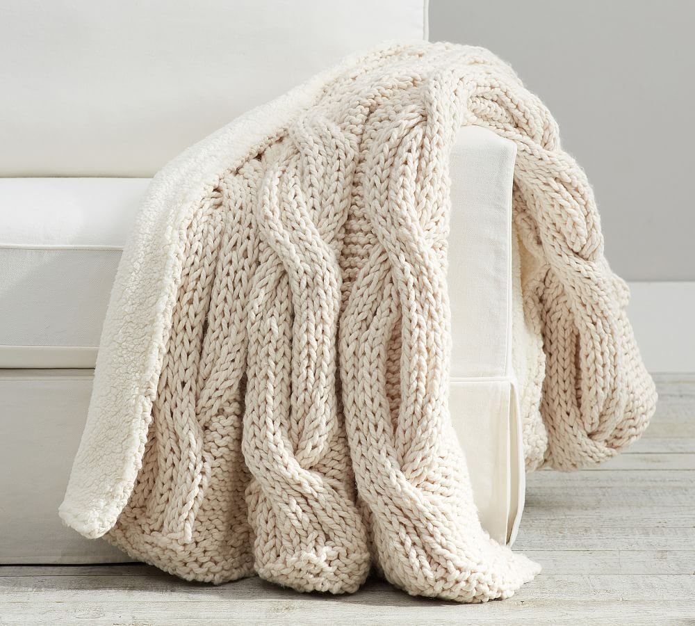 Alpine Handknit Cable Sherpa Back Throw Blanket, 50 x 60", Ivory - Image 0