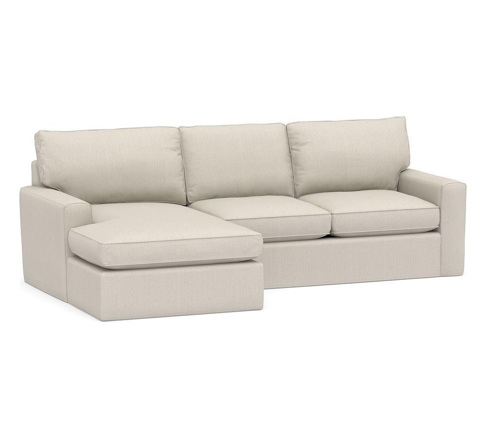 Pearce Square Arm Slipcovered Right Arm Loveseat with Wide Chaise Sectional, Down Blend Wrapped Cushions, Sunbrella(R) PRF Boss Herringbone Pebble - Image 0