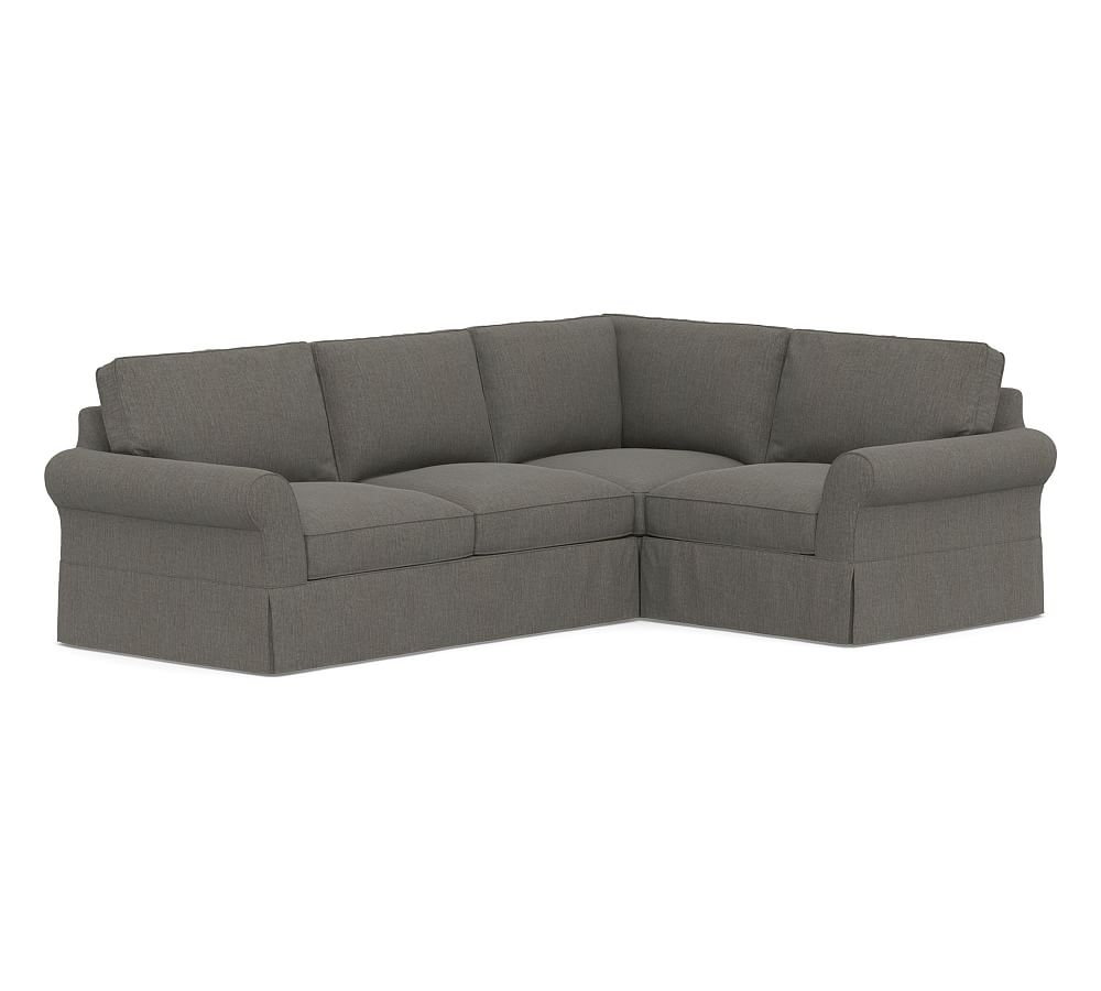 PB Comfort Roll Arm Slipcovered Left Arm 3-Piece Corner Sectional, Box Edge Down Blend Wrapped Cushions, Chenille Basketweave Charcoal - Image 0