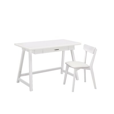 2 Piece Wooden Writing Desk Set With Padded Seat, White - Image 0