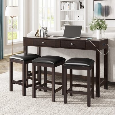 4-piece Counter Height Table Set With Socket And Leather Padded Stools - Image 0