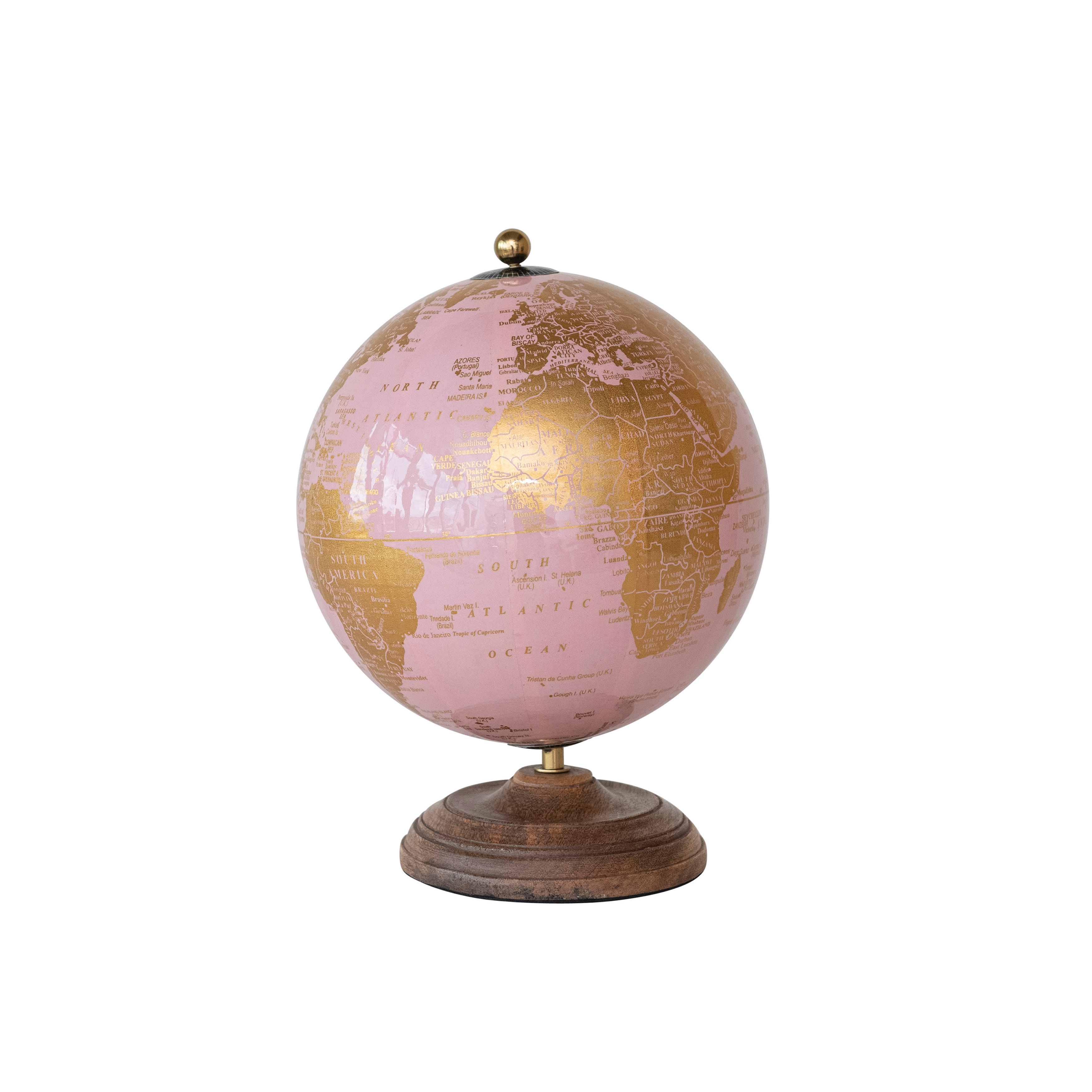 Metal and Plastic Globe on Mango Wood Stand, Pink, Gold, and Natural - Image 0