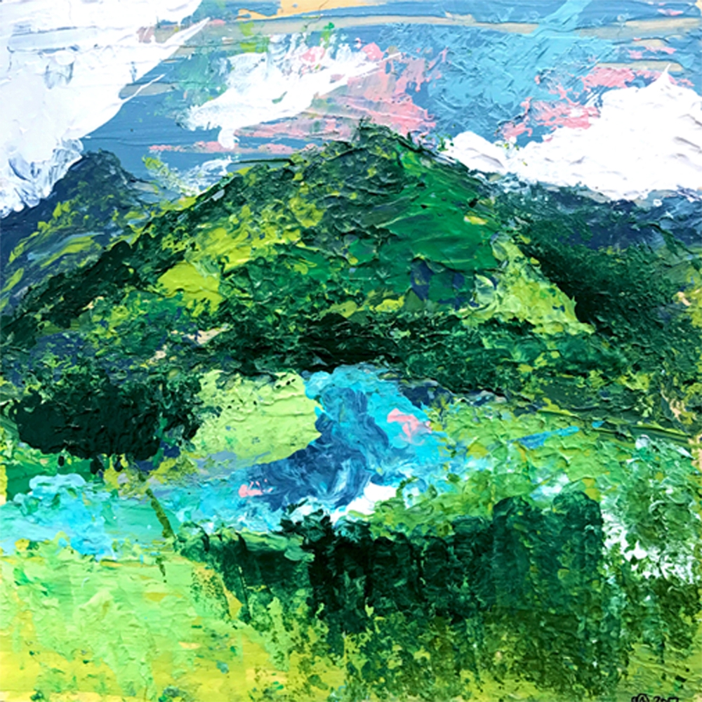 Gunnison: A Vibrant Acrylic Mountain Landscape In Greens, Blues, And A Splash Of Pink Art Print by Alyssa Hamilton Art - Small - Image 1