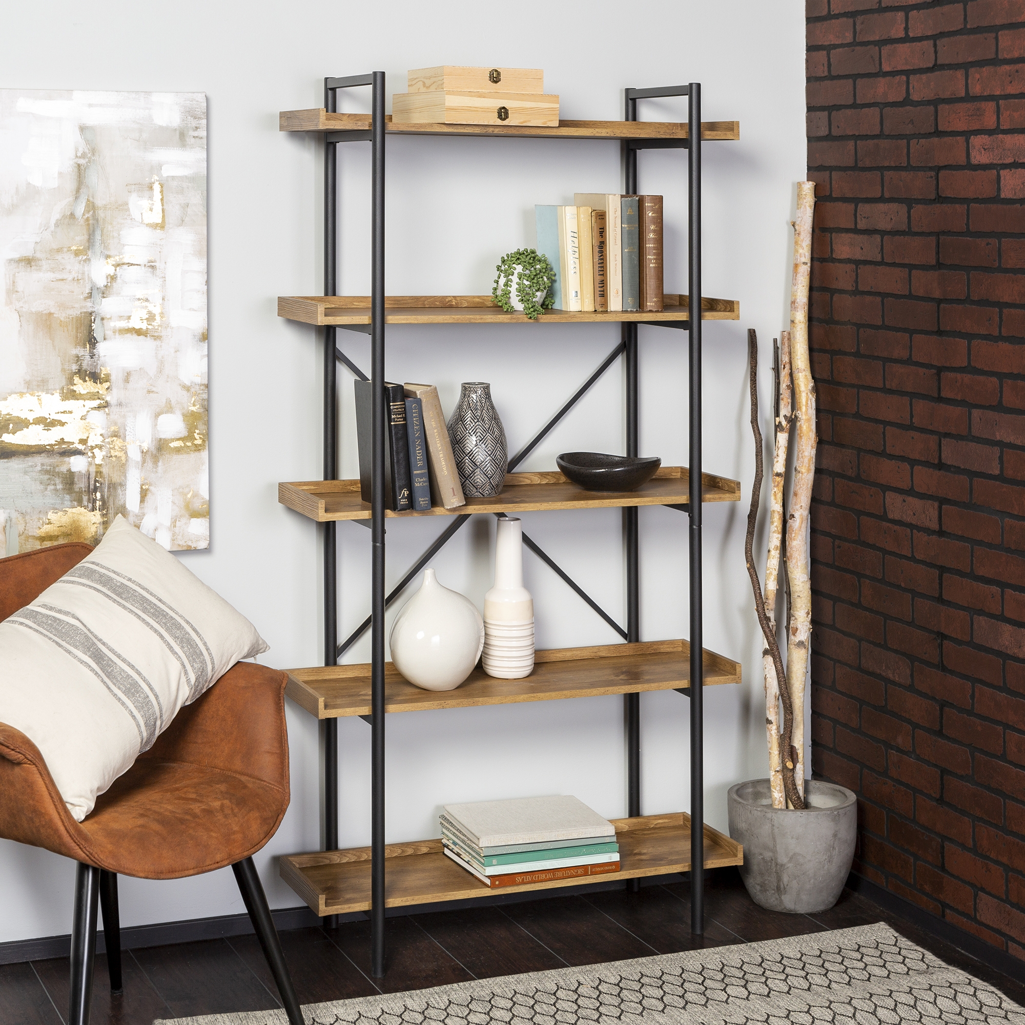 Urban Pipe 68" Rustic Industrial 5 Shelf Wood Bookshelf - Barnwood - Image 4