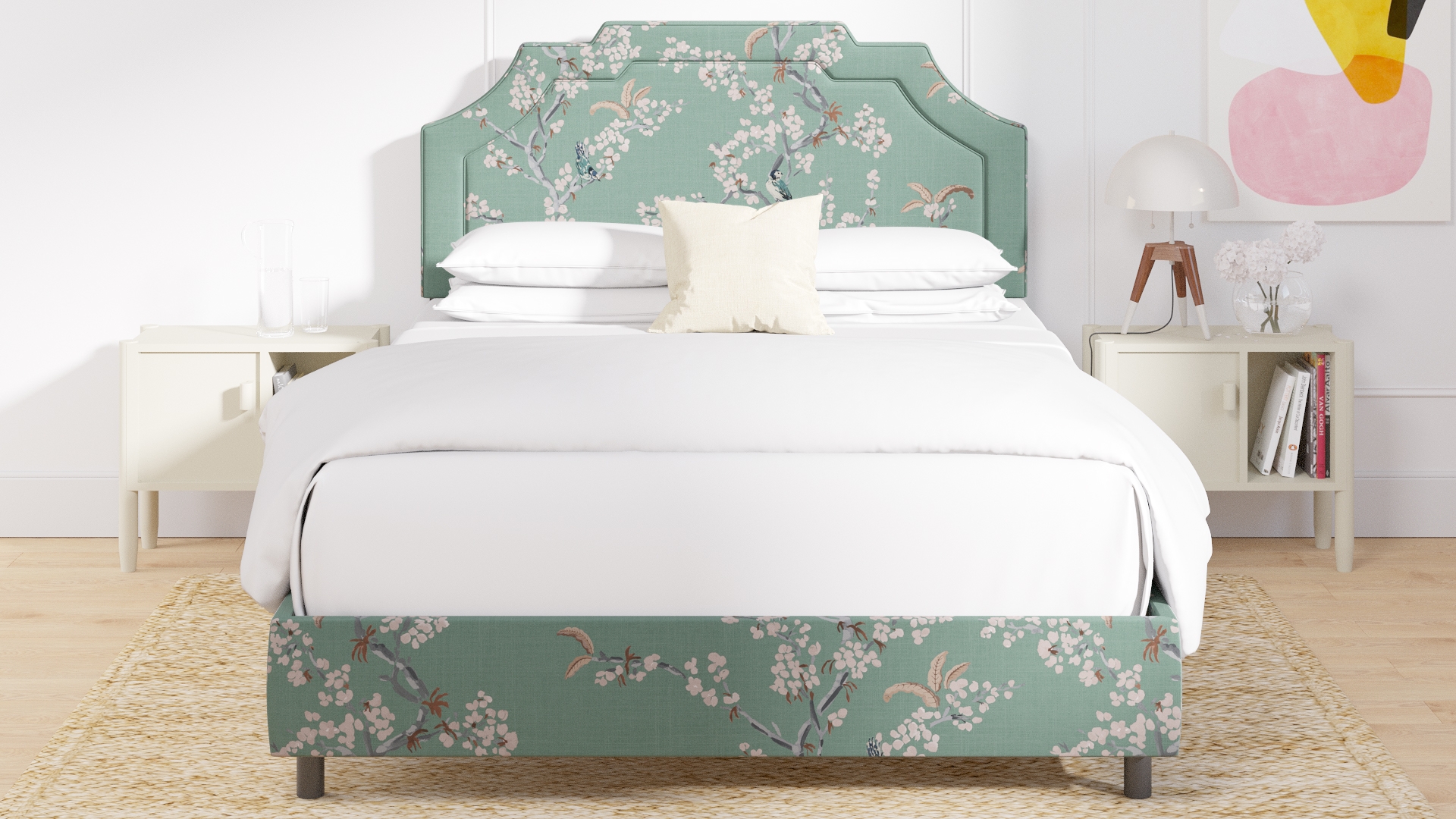 Art Deco Bed, Mint Cherry Blossom, Queen - Image 3