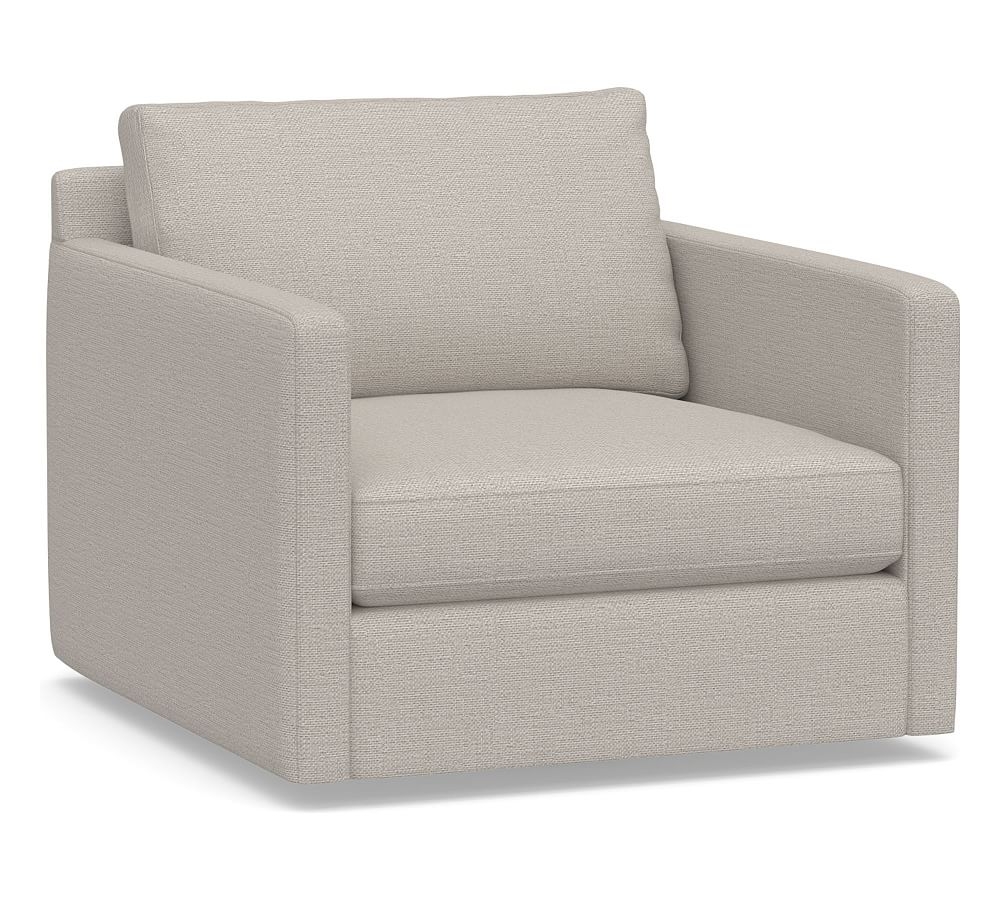 Pacifica Square Arm Upholstered Swivel Armchair, Polyester Wrapped Cushions, Chunky Basketweave Stone - Image 0