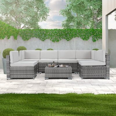 7 Piece Outdoor Patio Furniture Set, Gray Pe Rattan Wicker Sofa Set, Outdoor Sectional Furniture Chair Set With Gray Cushions And Tea Table - Image 0