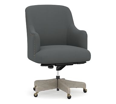 Reeves Upholstered Swivel Desk Chair with Gray Wash Frame, Performance Plush Velvet Slate - Image 0