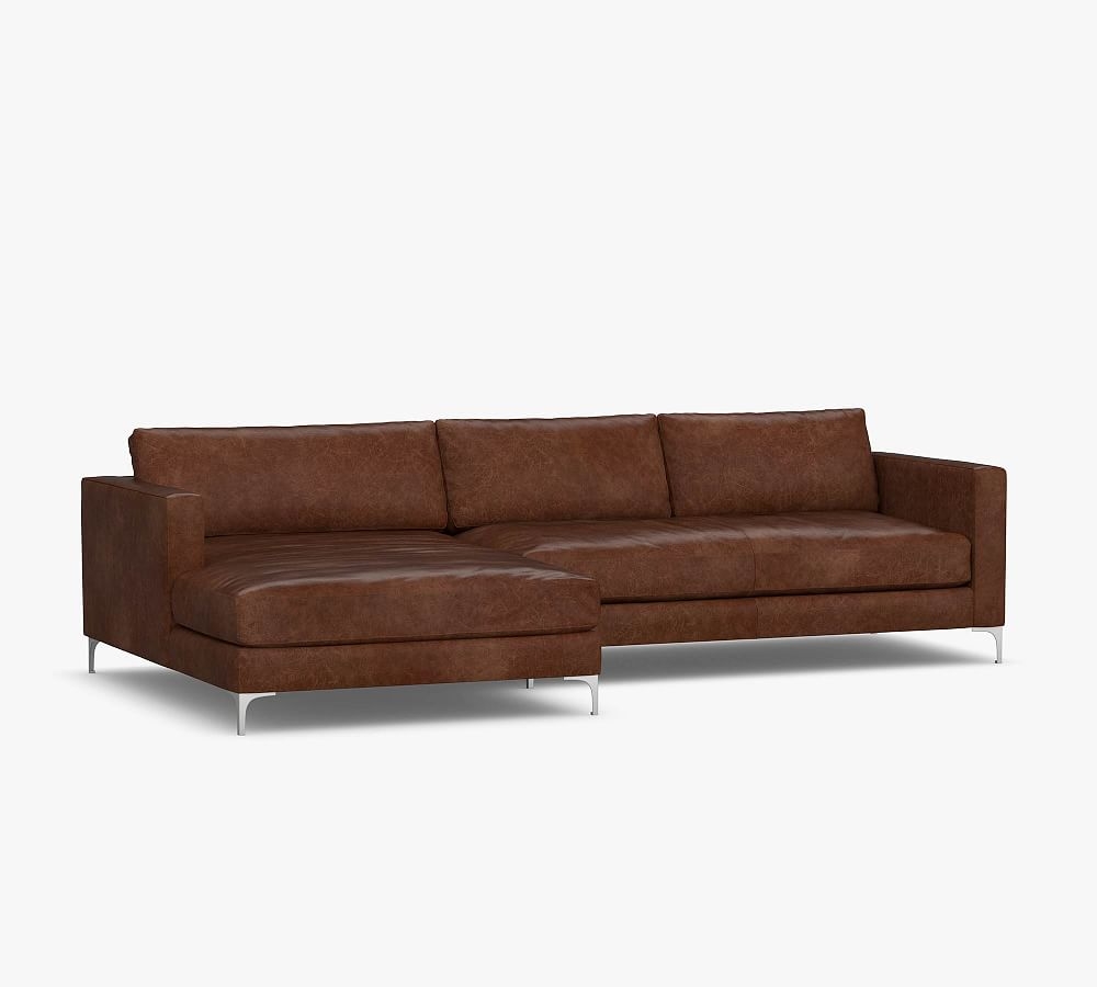 Jake Leather Right Arm Loveseat with Wide Chaise Sectional, Bench Cushion and Brushed Nickel Legs, Down Blend Wrapped Cushions, Vintage Caramel - Image 0