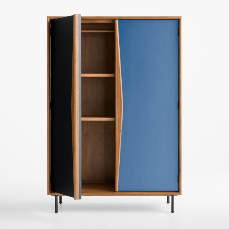 Oren Blue and Natural Walnut Wood Storage Armoire with Chalkboard - Image 2