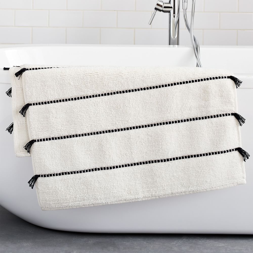Tassel Stripe Bath Mat, White, 27"x47" - Image 0