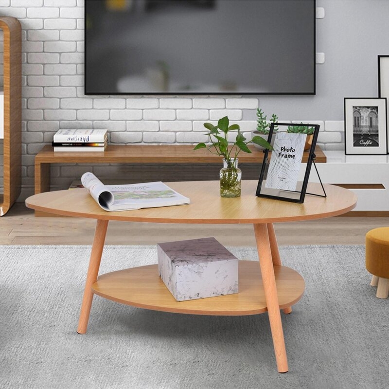 Household Oval Top Table Living Room Coffee Table Two-Story Wooden Legs, Brown - Image 3