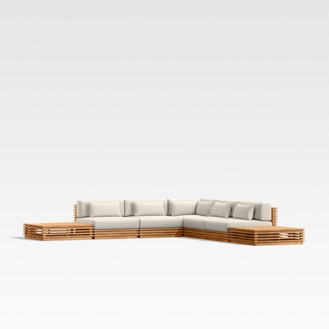 Batten Natural Teak 7-Piece L-Shaped Outdoor Sectional Sofa with Side Coffee Tables & Oat Cushions - Image 0