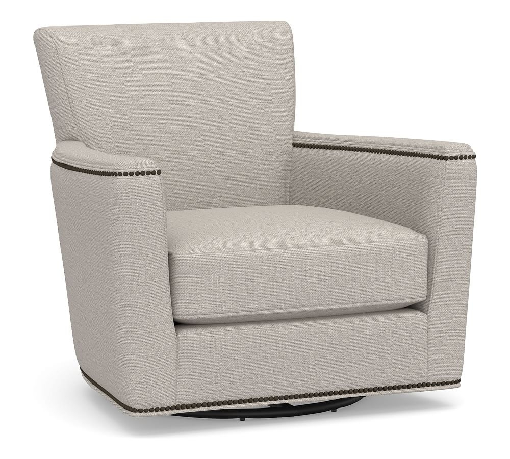 Irving Square Arm Upholstered Swivel Armchair with Nailheads, Polyester Wrapped Cushions, Chunky Basketweave Stone - Image 0