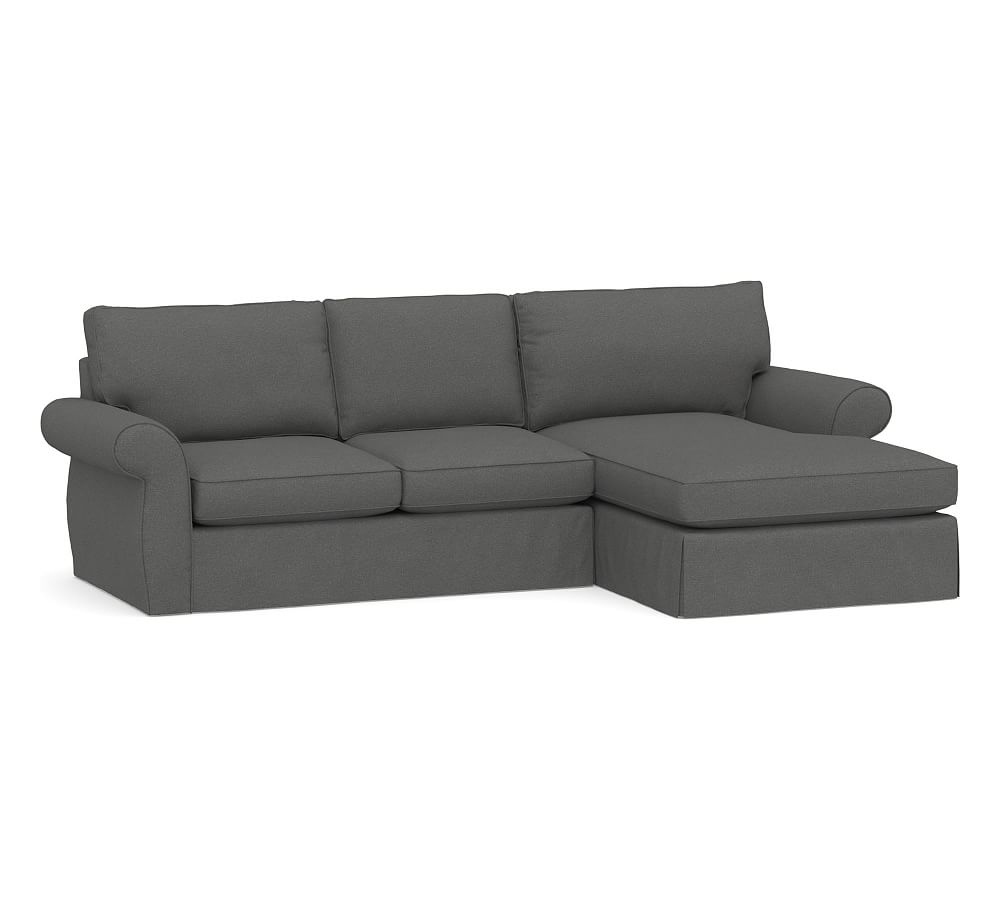 Pearce Roll Arm Slipcovered Left Arm Loveseat with Double Chaise Sectional, Down Blend Wrapped Cushions, Park Weave Charcoal - Image 0