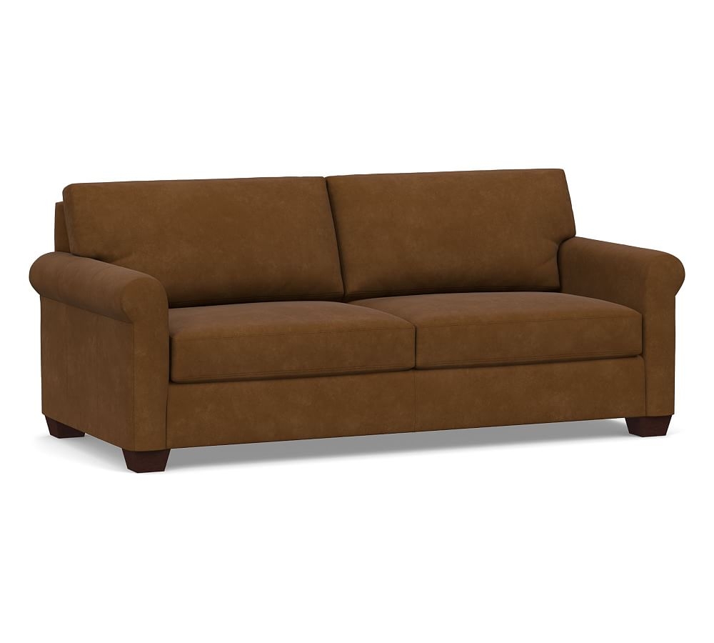 York Roll Arm Leather Sofa 83", Polyester Wrapped Cushions, Aviator Umber - Image 0