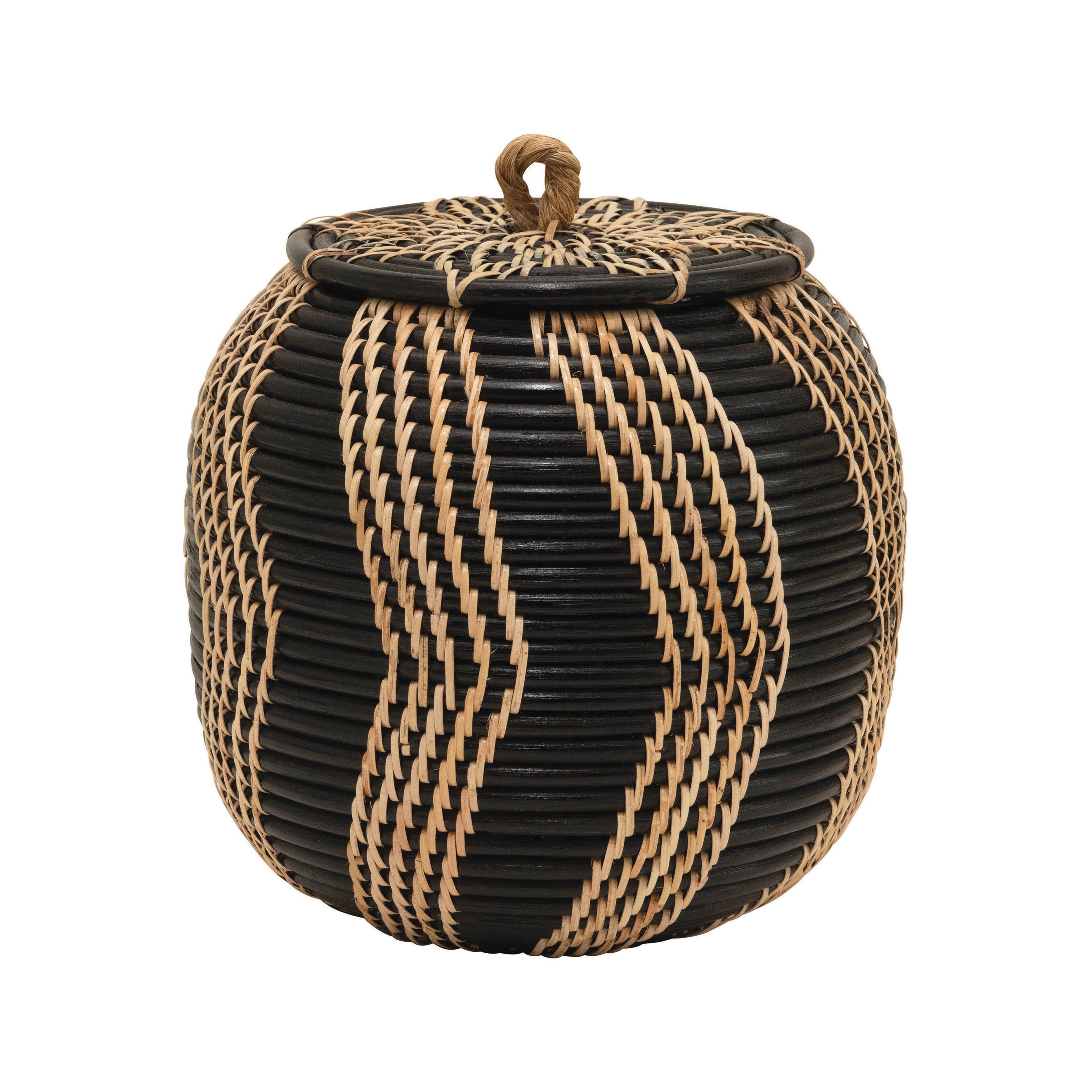 Hand-Woven Rattan Basket with Lid, Black & Natural - Image 0
