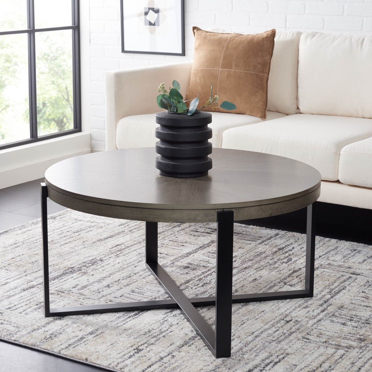 Navya Round Coffee Table - Light Grey / Black - Safavieh - Image 1