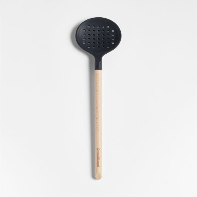 Crate & Barrel Black Silicone and Wood Slotted Spoon - Image 0