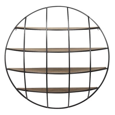 Large Round Industrial Metal & Wood Wall Shelf W/ Metal Grid Semi-Sphere Profile, 36" X 36" - Image 0