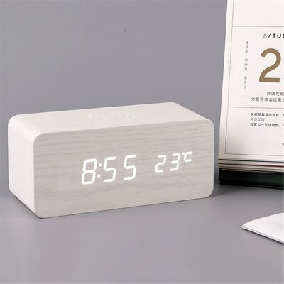 Digital Wooden Alarm Clock With Wireless Charging Function - Image 0